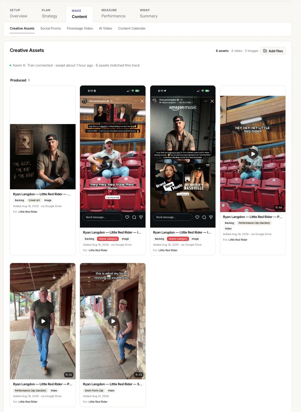 Creative Assets library for one track: cover art, performance clips and short-form videos, with the connected cloud folder swept an hour ago
